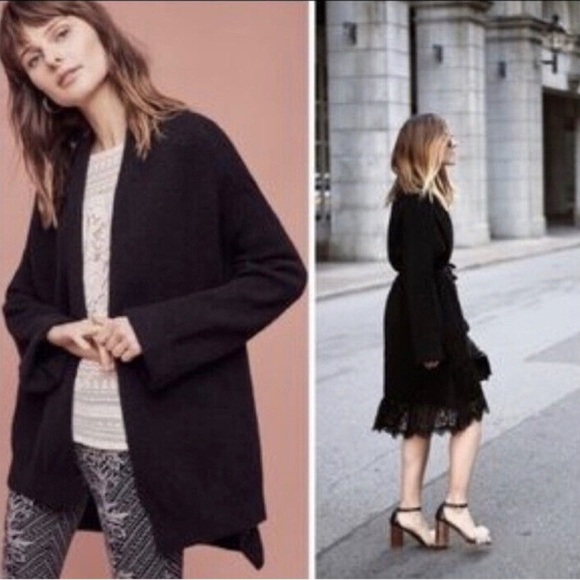Anthropologie Moth Black Long Sleeve Wool Blend Tie Front Vallon Cardigan Sz M - Picture 3 of 12